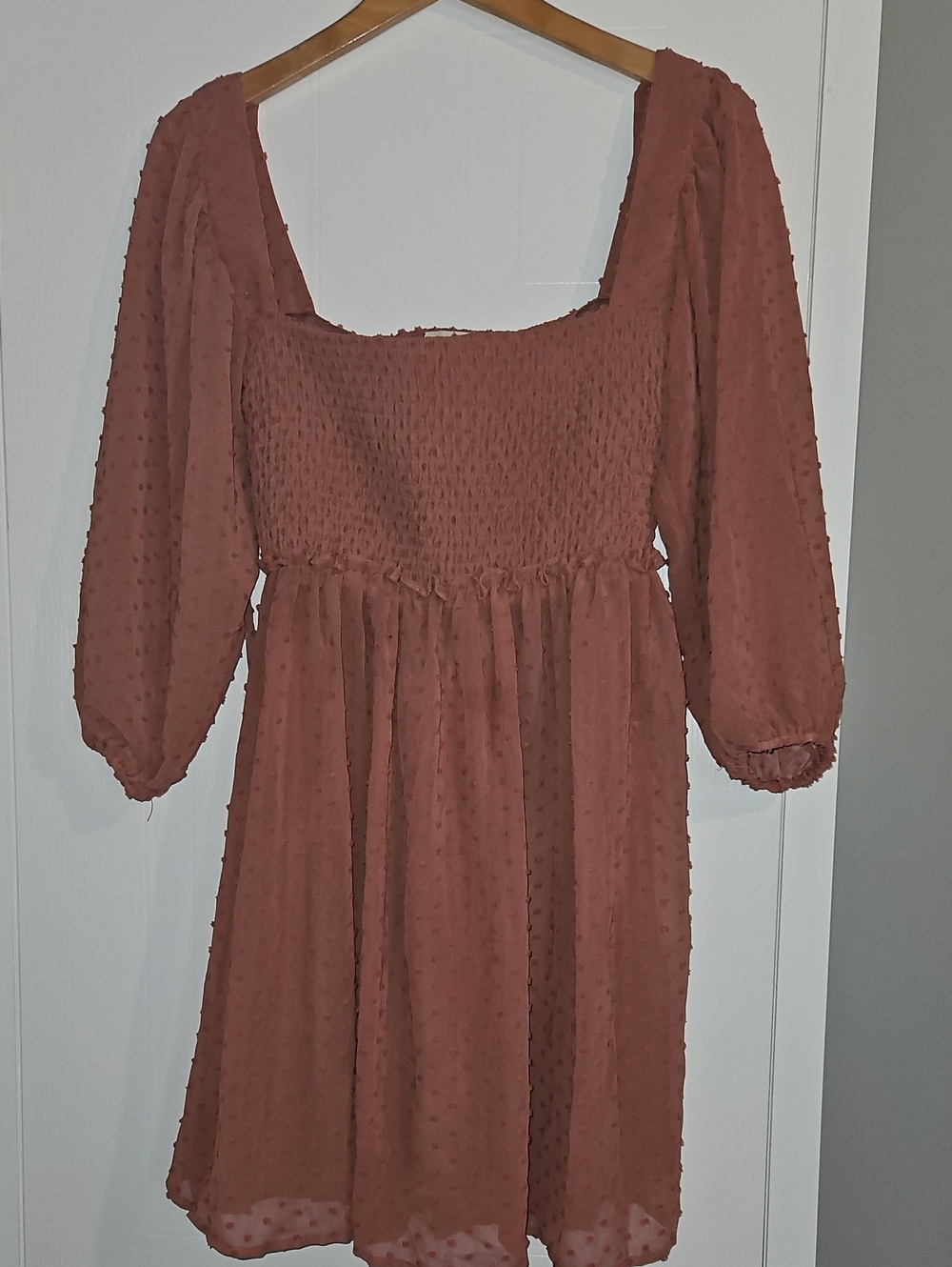 Smocked Square-Neck Rust Pink Mini Dress with Bishop Sheer Sleeves